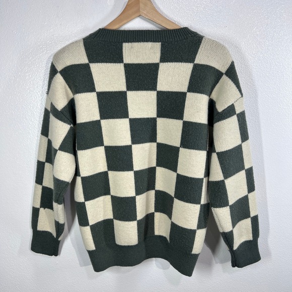 Bohme Checkerboard Sweater Women's Small Green‎ Cream Knit Long Sleeve Crew Neck - Picture 2 of 8